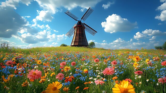 Sunny day, windmill in colorful flower field.