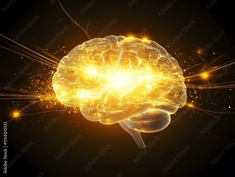 Aufkleber A Sparkling Golden Brain Surrounded by Radiant Light Particles Representing Creativity, Intelligence, and Dynamic Thought Processes in a Dark Background