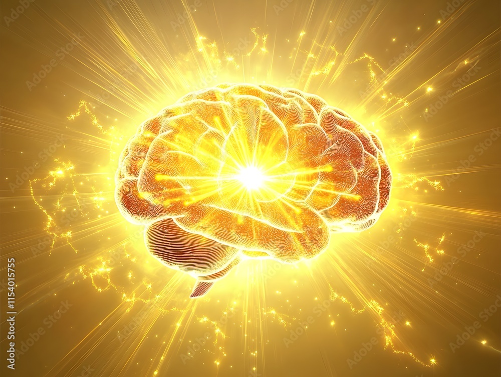 Poster stunning visualization of a glowing brain surrounded by radiant light representing creativity, knowl