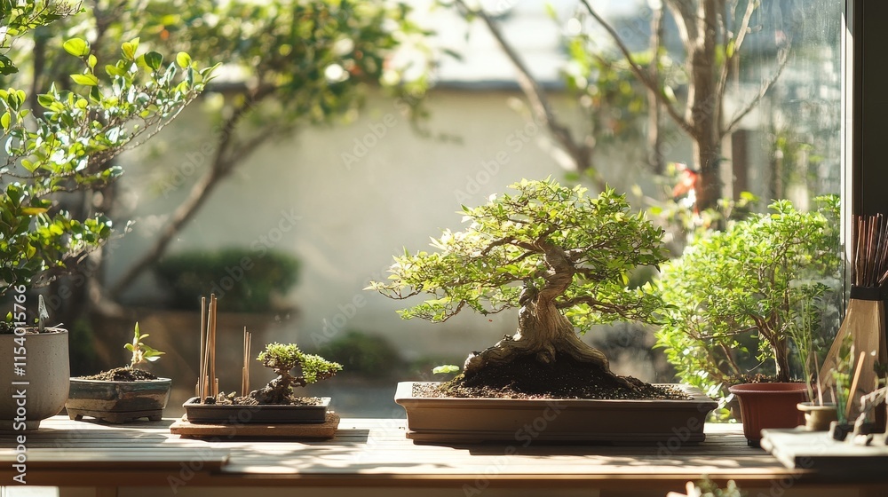 Poster a well-organized bonsai garden with miniature trees and gardening tools neatly arranged, a calm, sun