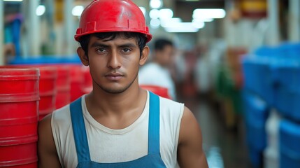 Fototapeta premium A young male worker in a factory setting, wearing a red helmet and blue overalls