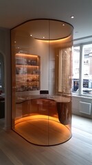 Bright office corner features glass walls and warm lighting, promoting a modern and open work environment