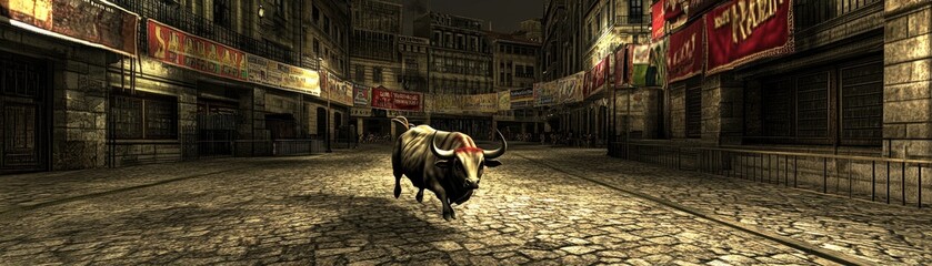 Fototapeta premium A bull running through a deserted cobblestone street adorned with colorful banners.
