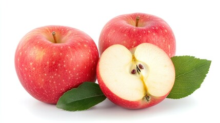 Two red apples and a half apple with leaves on white background.