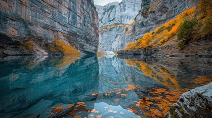 Calm autumn lake reflecting colorful cliffs.
