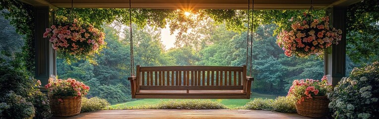 A serene front porch with a wooden swing and hanging floral baskets invites relaxation