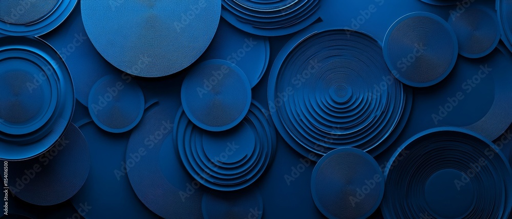 Poster circular patterns in varying depths create a textured blue backdrop suitable for artistic design or 