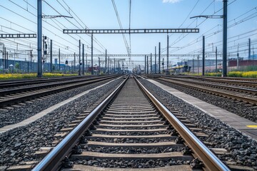 Obraz premium A Detailed View of Railroad Tracks, Leading to a Journey of Endless Possibilities. Industrial Infrastructure in a Cityscape. Straight Railroad Tracks Stretching into the Horizon Under a Clear Sky.