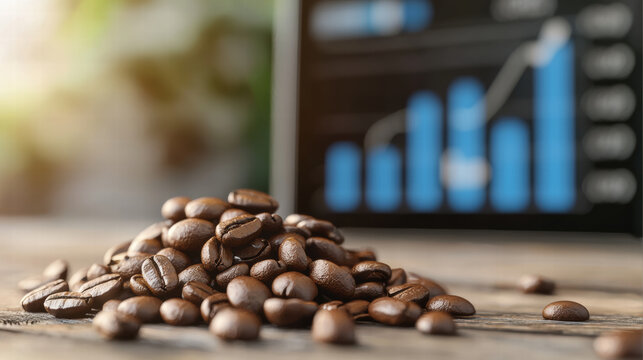 Fresh coffee beans with vibrant upward trend chart - Powered by Adobe