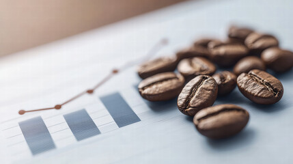 Coffee beans on graph showing growth trends and data