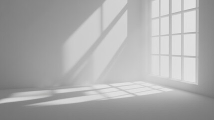 Sunlight streams through a large window into an empty white room, casting shadows on the wall and floor.