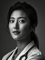A black and white photo of a woman with a stethoscope on her neck