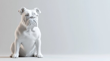 White bulldog statue, minimalist style, sitting pose, isolated on light grey background.