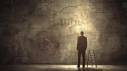 Obraz premium Businessman contemplating financial charts on a wall.