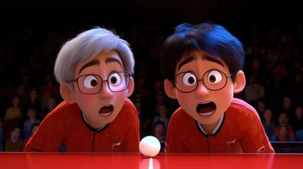 Two animated boys in red shirts watch a table tennis ball.