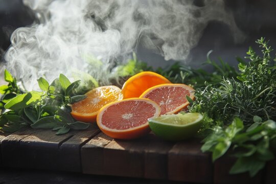 Herbal tea with steam rising, surrounded by fresh herbs and slices of citrus