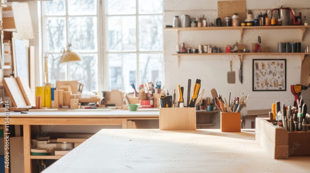 Poster a well-organized diy workspace with tools and materials neatly placed, a bright, clean workbench wit