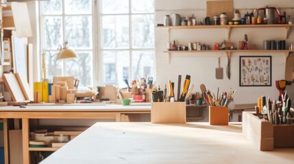 A well-organized DIY workspace with tools and materials neatly placed, A bright, clean workbench with shelves of supplies