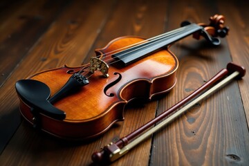 Fototapeta premium Antique brown violin & bow, polished wood, isolated , string, antique