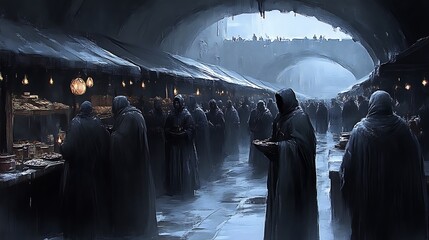 Dark fantasy winter market scene.