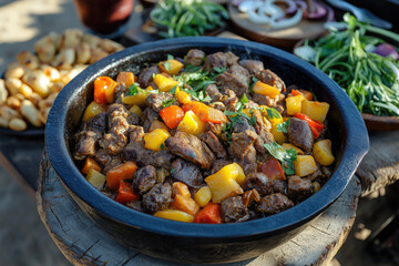 Traditional Namibian Potjiekos Stew in a Cast-Iron Pot