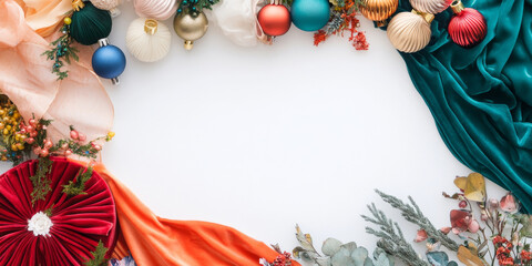 Photo of a vibrant flat lay featuring colorful velvet baubles, evergreen branches, and rich fabrics in orange, red, and green, adorned with berries and dried flowers, arranged on a white background