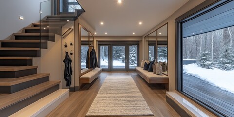 Fototapeta premium Stylish entryway with floor-to-ceiling mirrors, chic seating, and hooks for a warm guest welcome