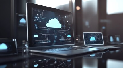 Fototapeta premium Modern business interface showcasing cloud-based apps syncing data across multiple devices in a minimalist design