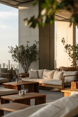 Obraz premium Minimalist rooftop bar with skyline views, modern furniture, and a menu of curated craft cocktails