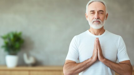 An elderly man practicing mindfulness and meditation at home, embodying peace and tranquility. The serene environment enhances his focus and promotes a sense of well-being.