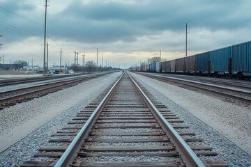 Obraz premium A Timeless Perspective of Railroad Tracks and Freight Cars Under a Cloudy Sky
