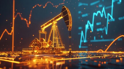 Oil pump jack operating under glowing oil price trend graphs, creating a dynamic stock photo and perfect illustrations for oilfield themes