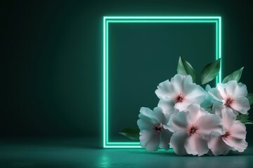 floral neon contrast, the striking green neon frame against the delicate spring floral backdrop creates a captivating contrast, showcasing the beauty of opposing elements