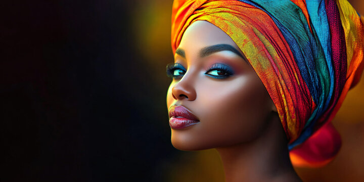 A vibrant portrait of a woman with striking makeup and a colorful headwrap, ideal for beauty campaigns, cultural events, and empowerment themes.