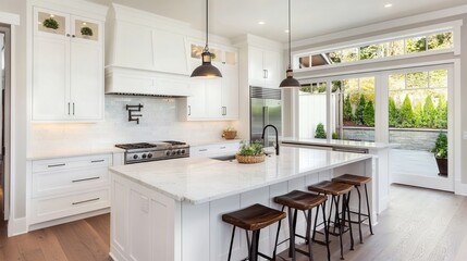 Modern Luxury Kitchen with an Island, Marble Countertop, and Garden View. AI generated illustration