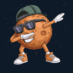 Hand drawn mercury planet character wearing green cap, sunglasses doing dab dance, dabbing mercury