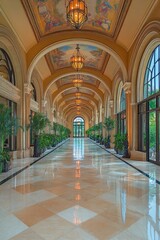 This grand salon boasts a fresco ceiling, marble floors, and tall arched windows for added elegance