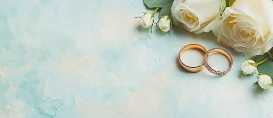 Pair of Gold Wedding Rings and White Roses: Symbols of Love and Commitment. AI generated illustration