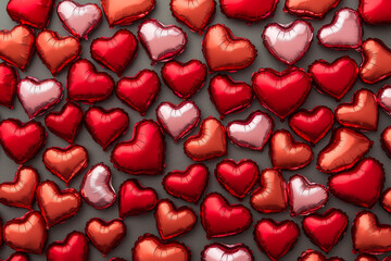 A bunch of red and silver heart shaped balloons on a gray background