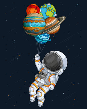 Hand drawn astronaut spaceman wearing space suit holding planets like balloons in outer space