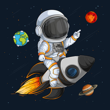 Hand drawn astronaut wearing space suit riding a space rocket on fire among planets in outer space