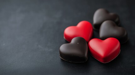 Fototapeta premium Delicious heart-shaped chocolates in red and dark colors, perfect for adding a romantic touch to any celebration or event