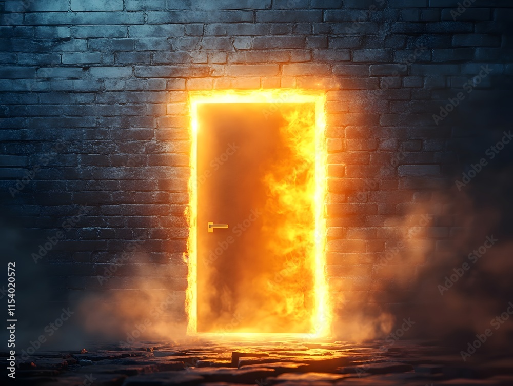 Poster mysterious fiery doorway illuminating a dark stone wall, symbolizing adventure and transformation be