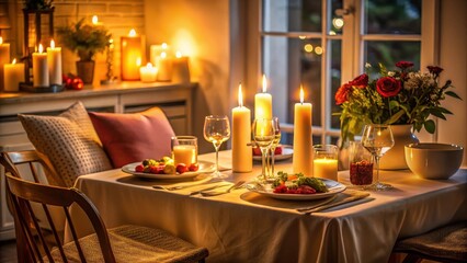 Cozy dinner for two on a romantic evening with soft candlelight and a beautifully set table in a warm and inviting room, dinner party, table setting