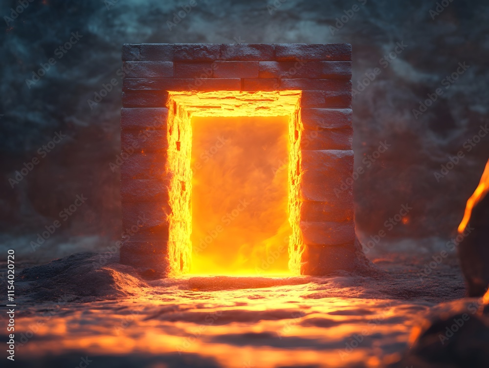 Poster Enigmatic Portal of Flames Surrounded by Mysterious Darkness, Evoking a Sense of Adventure and Otherworldliness in an Unexplored Realm of Imagination
