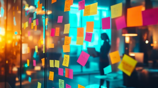 The 2025 New Year business goals concept, team brainstorming session with sticky notes on a glass wall, vibrant atmosphere, stock photos