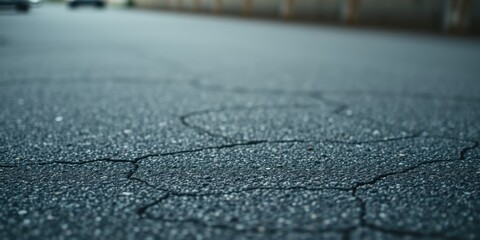 Close-up view of cracked asphalt road surface texture with shallow depth of field