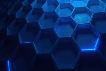 Abstract dark blue hexagon pattern, sleek tech design , polygon, dark