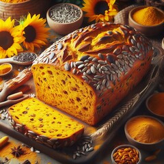 256 Turmeric and Sunflower Seed Bread A vibrant golden hued brea