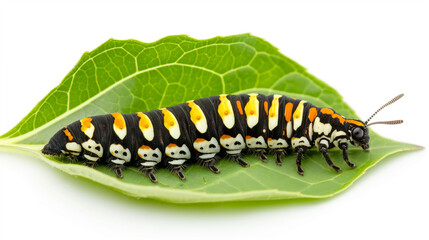 Monarch Caterpillar on milkweed leaf isolated on white